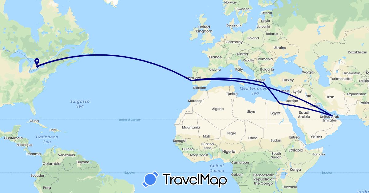 TravelMap itinerary: driving in United Arab Emirates, Canada, Egypt, Greece, Portugal (Africa, Asia, Europe, North America)